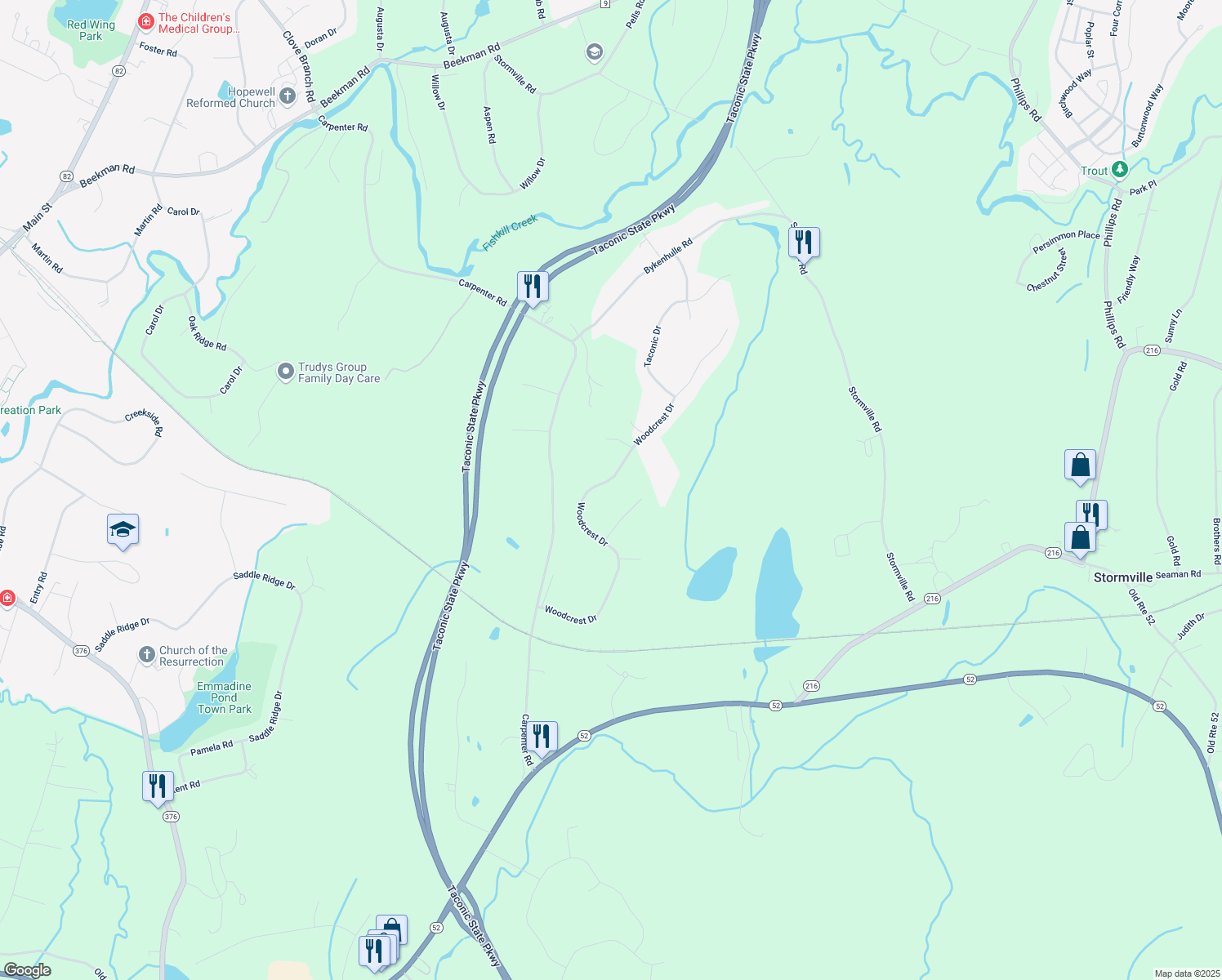 map of restaurants, bars, coffee shops, grocery stores, and more near 73 Woodcrest Drive in Hopewell Junction