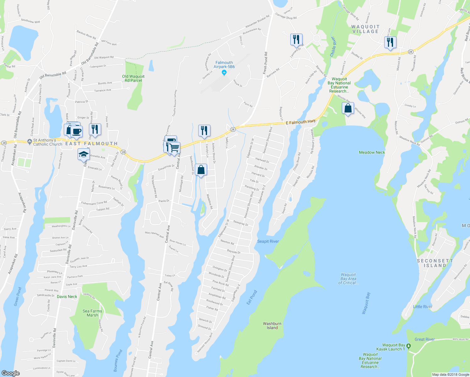 map of restaurants, bars, coffee shops, grocery stores, and more near 6 Columbus Drive in Falmouth