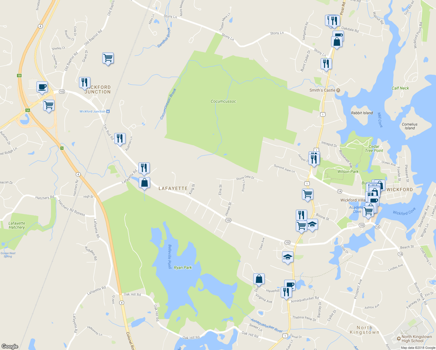 map of restaurants, bars, coffee shops, grocery stores, and more near 2 Stone Gate Drive in North Kingstown