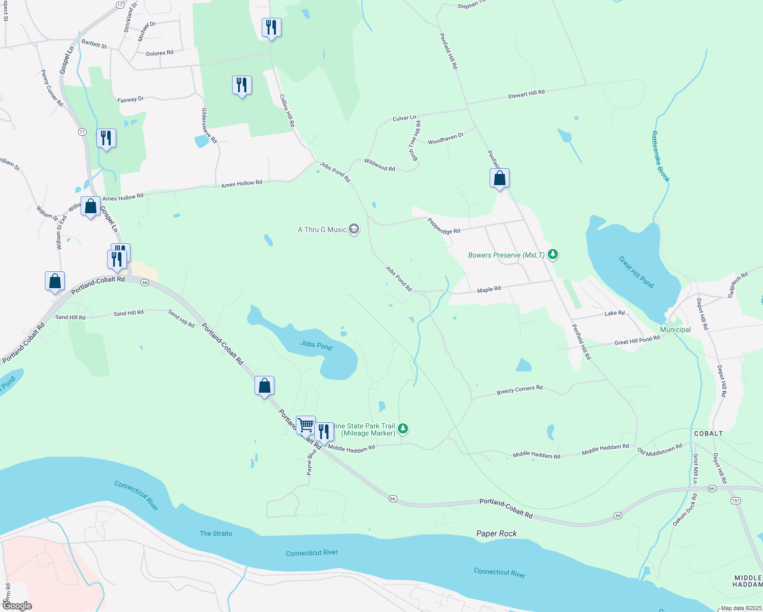 map of restaurants, bars, coffee shops, grocery stores, and more near 116 Jobs Pond Road in Portland