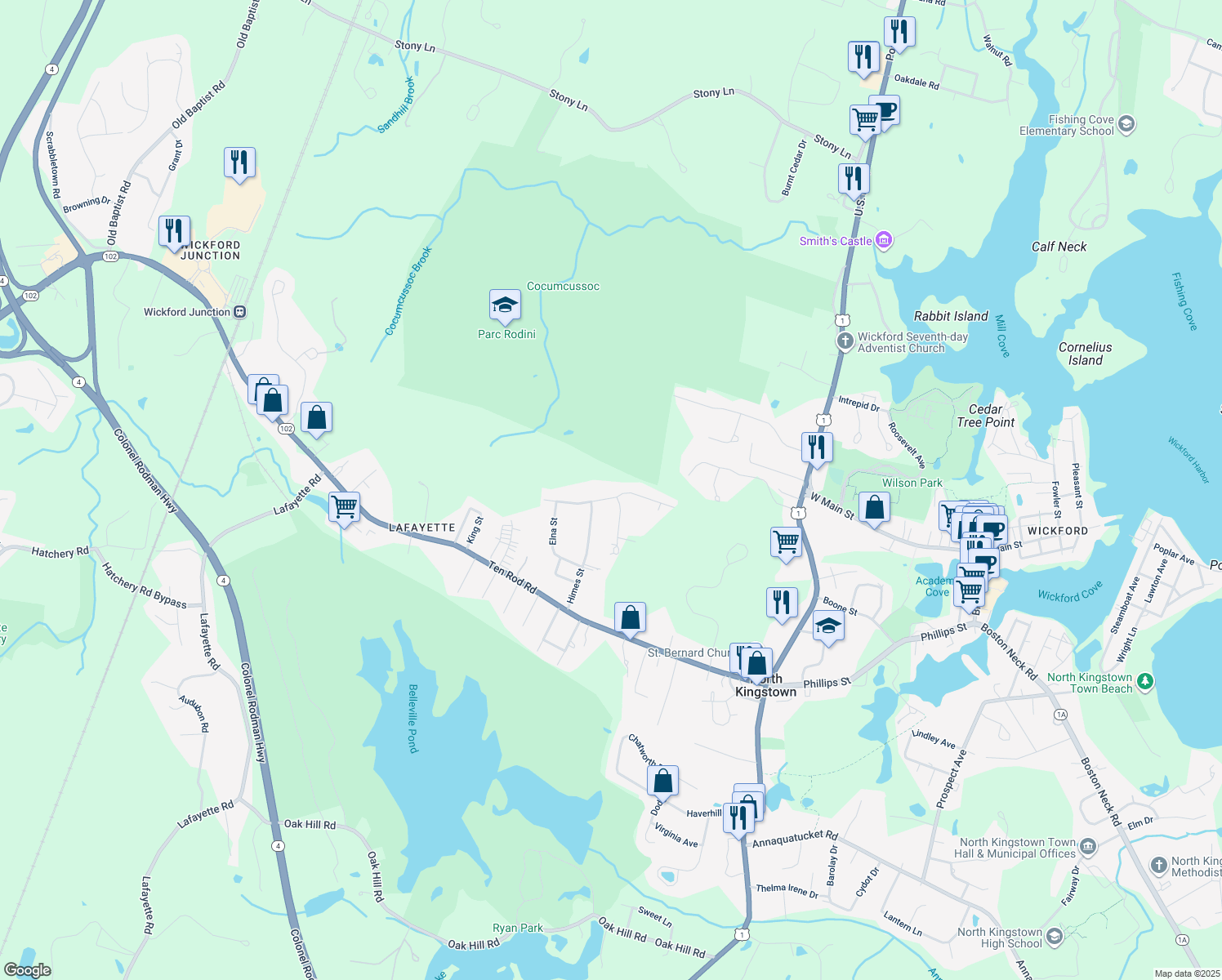 map of restaurants, bars, coffee shops, grocery stores, and more near 74 Stone Gate Drive in North Kingstown