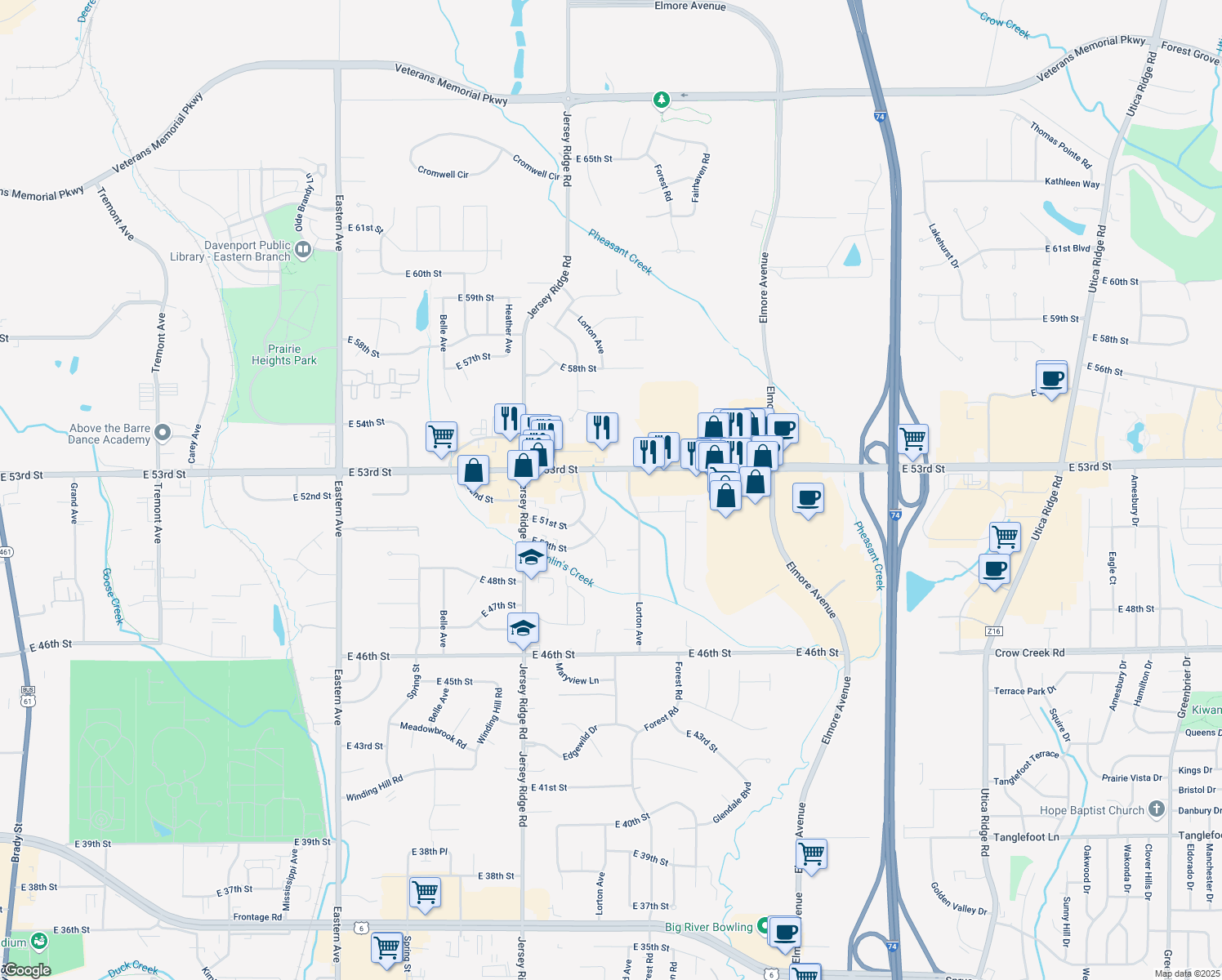 map of restaurants, bars, coffee shops, grocery stores, and more near 1 Friederichs Ct in Davenport