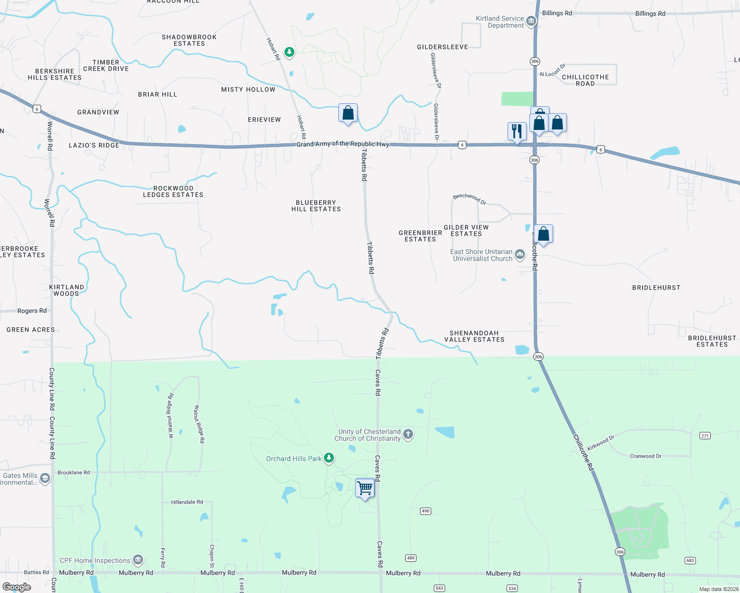 map of restaurants, bars, coffee shops, grocery stores, and more near 10920 Tibbetts Road in Kirtland