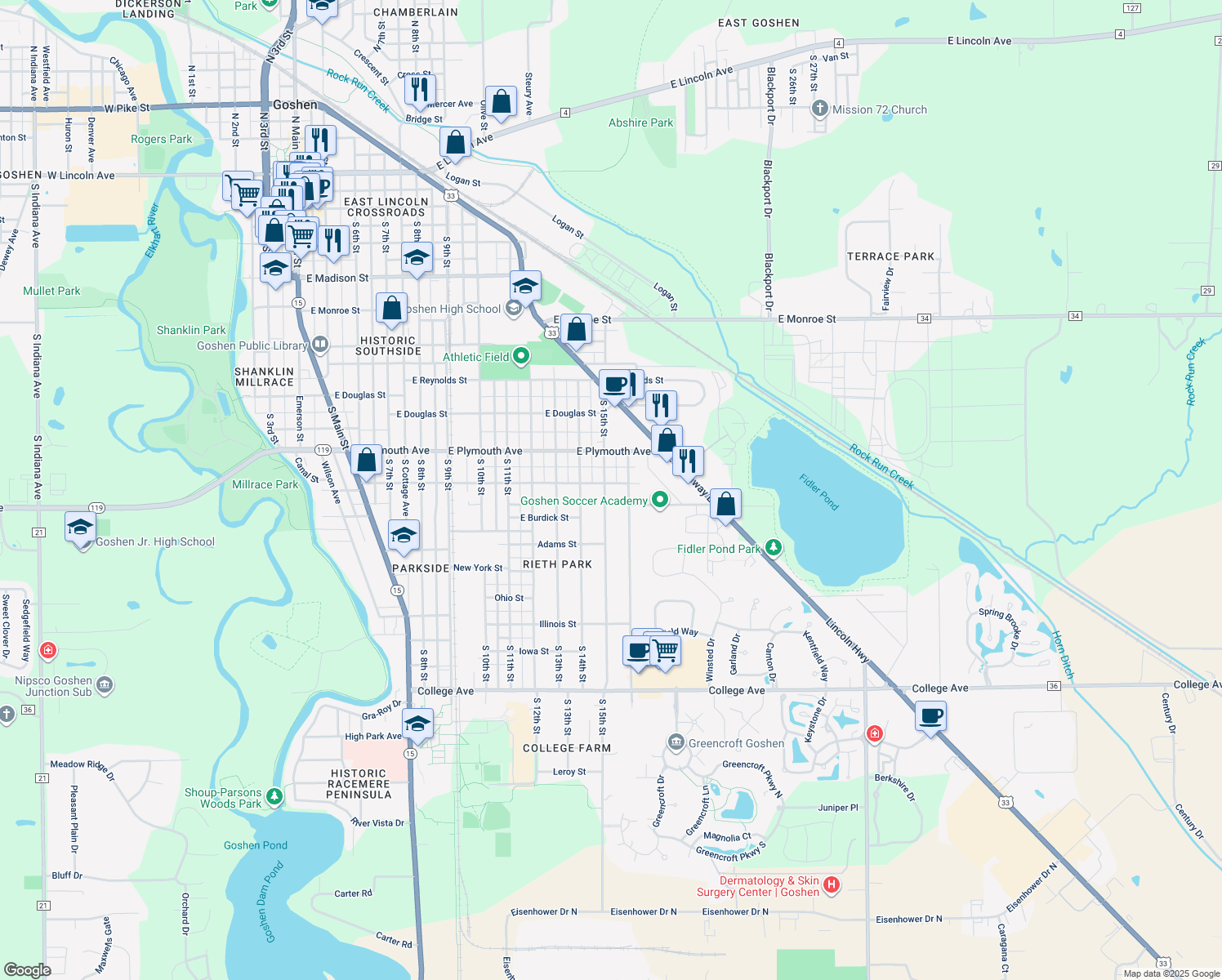 map of restaurants, bars, coffee shops, grocery stores, and more near 1004 South 15th Street in Goshen