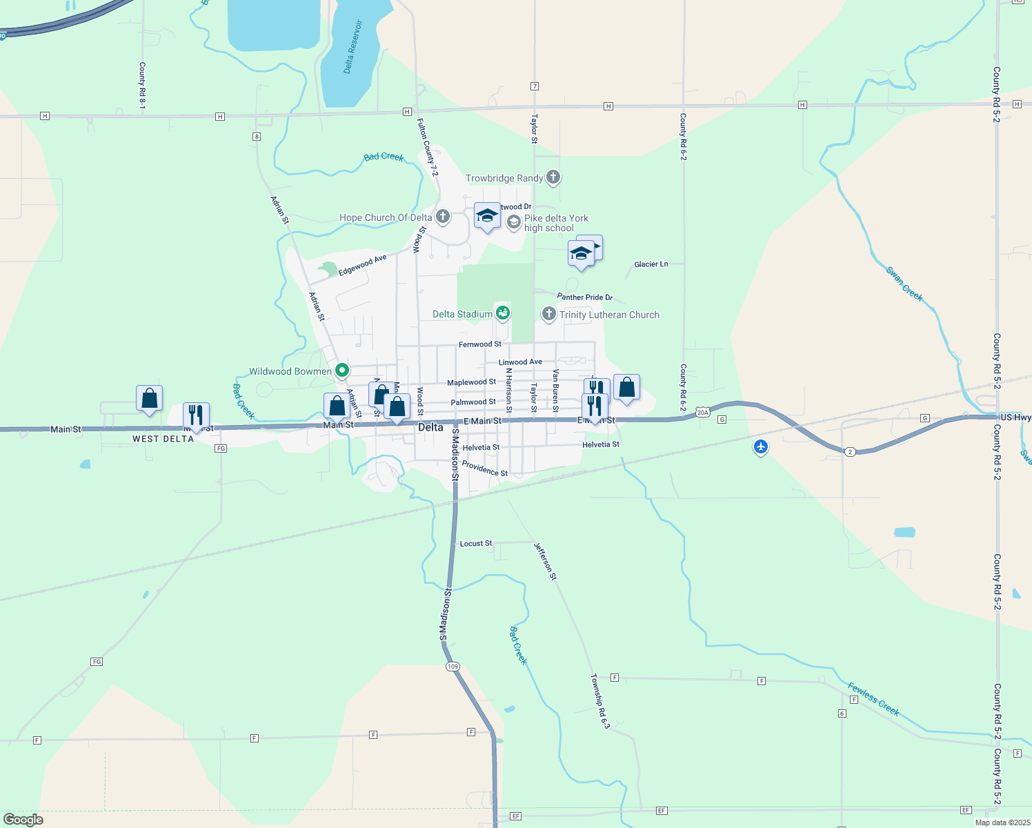 map of restaurants, bars, coffee shops, grocery stores, and more near 703 Main Street in Delta
