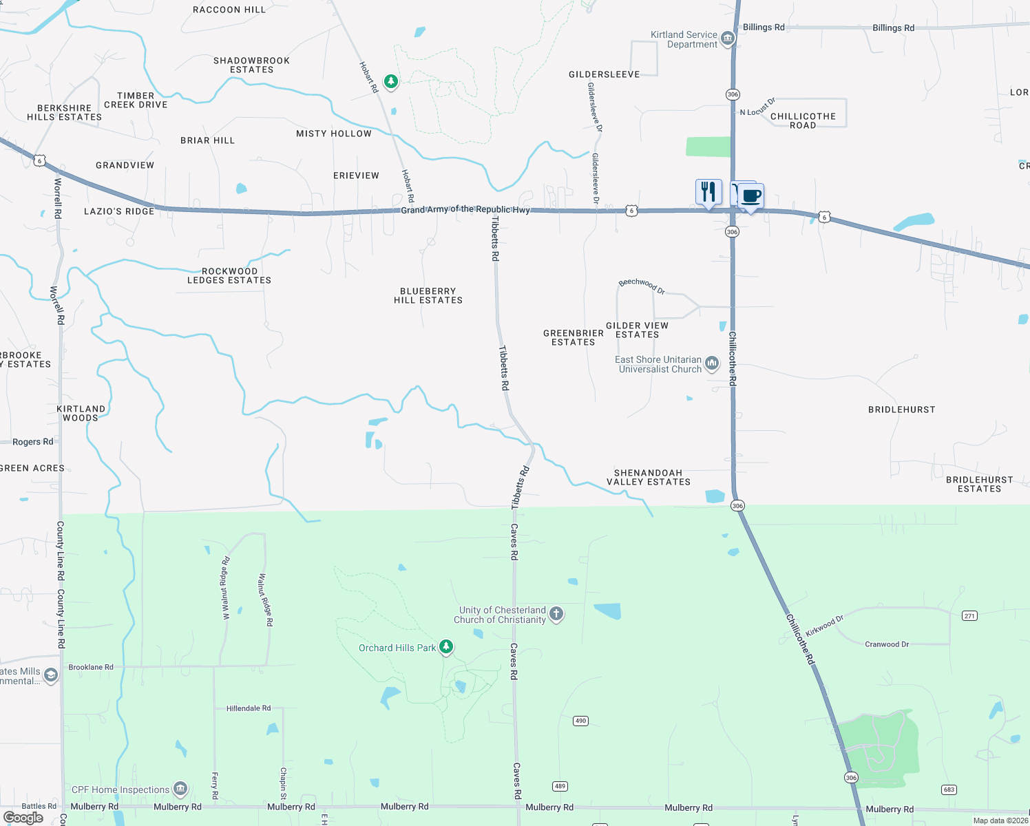 map of restaurants, bars, coffee shops, grocery stores, and more near 10920 Tibbetts Road in Willoughby