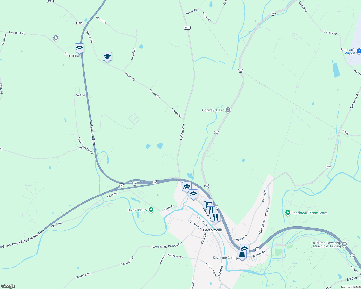 map of restaurants, bars, coffee shops, grocery stores, and more near 540 State Route 1017 in Factoryville