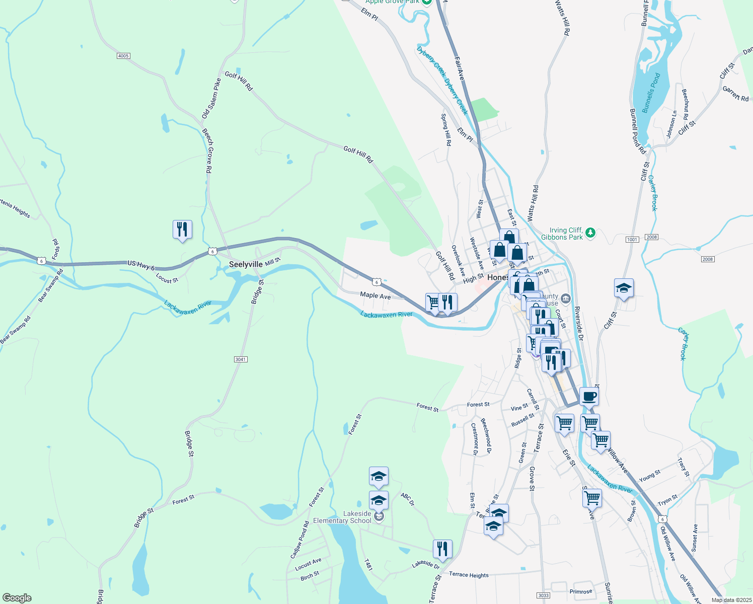 map of restaurants, bars, coffee shops, grocery stores, and more near 6 Wood Street in Honesdale