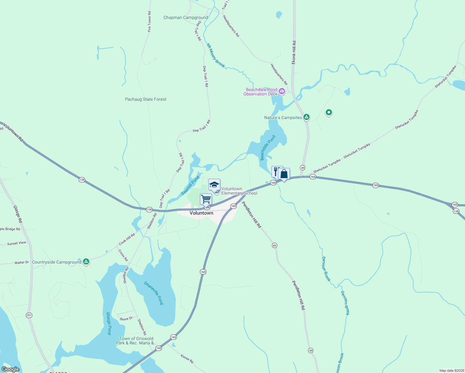 map of restaurants, bars, coffee shops, grocery stores, and more near 239 Main Street in Voluntown