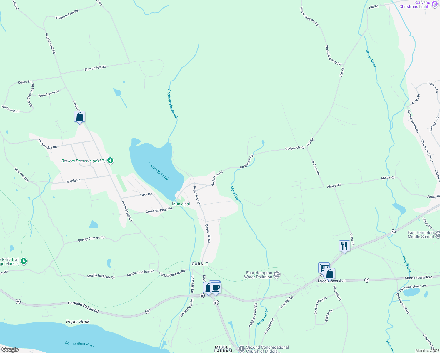 map of restaurants, bars, coffee shops, grocery stores, and more near 75 Gadpouch Road in East Hampton