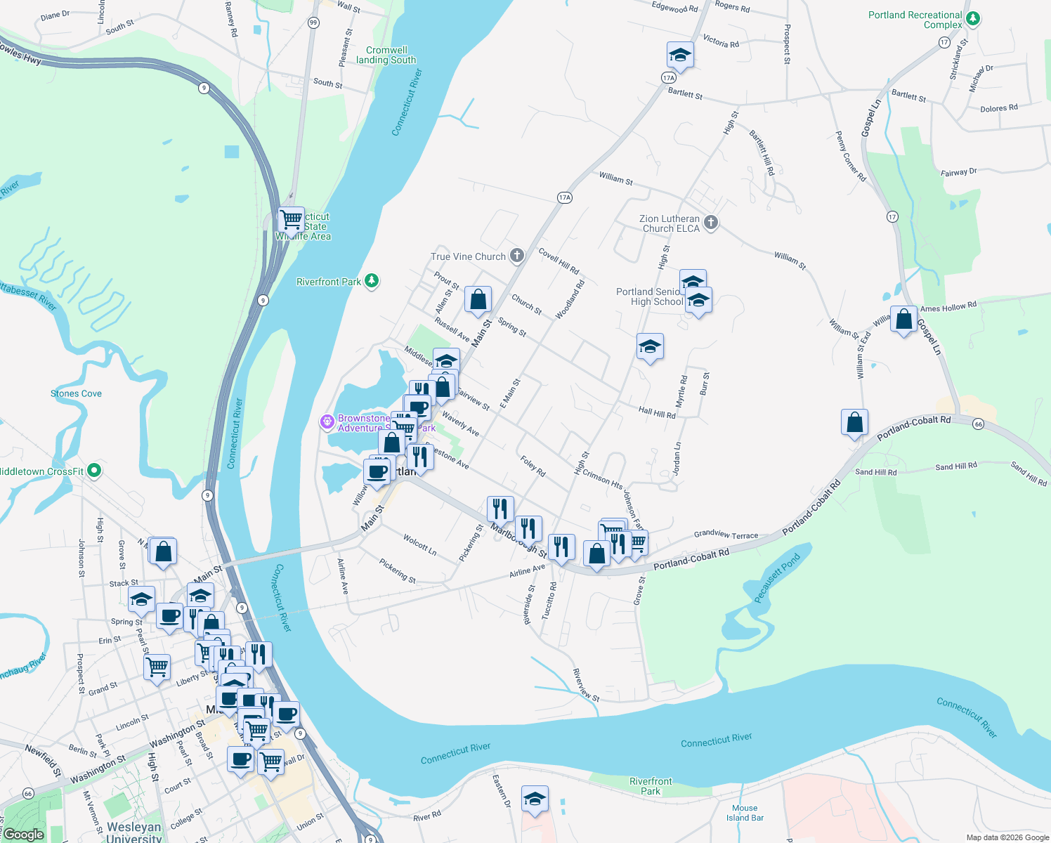 map of restaurants, bars, coffee shops, grocery stores, and more near 3 Highland Avenue in Portland