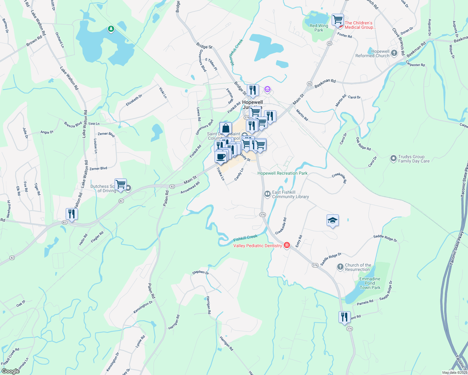 map of restaurants, bars, coffee shops, grocery stores, and more near 18 Trinka Lane in Hopewell Junction