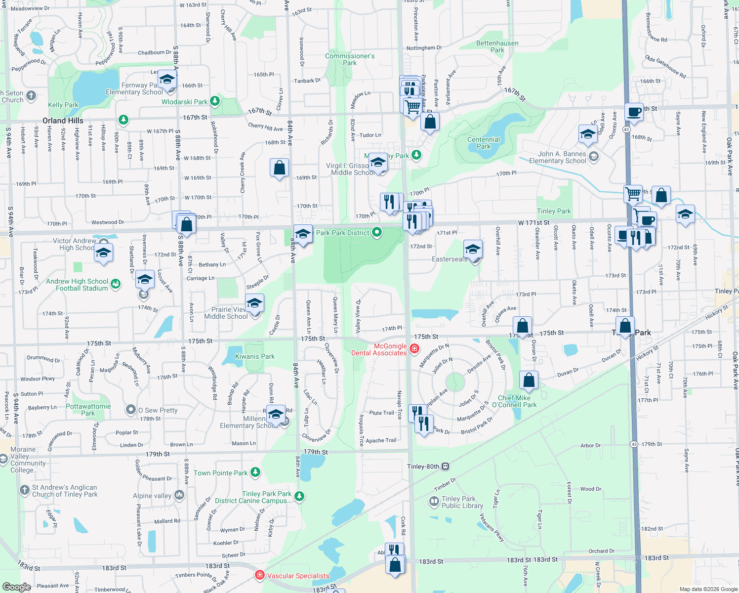 map of restaurants, bars, coffee shops, grocery stores, and more near 17319 Valley View Drive in Tinley Park