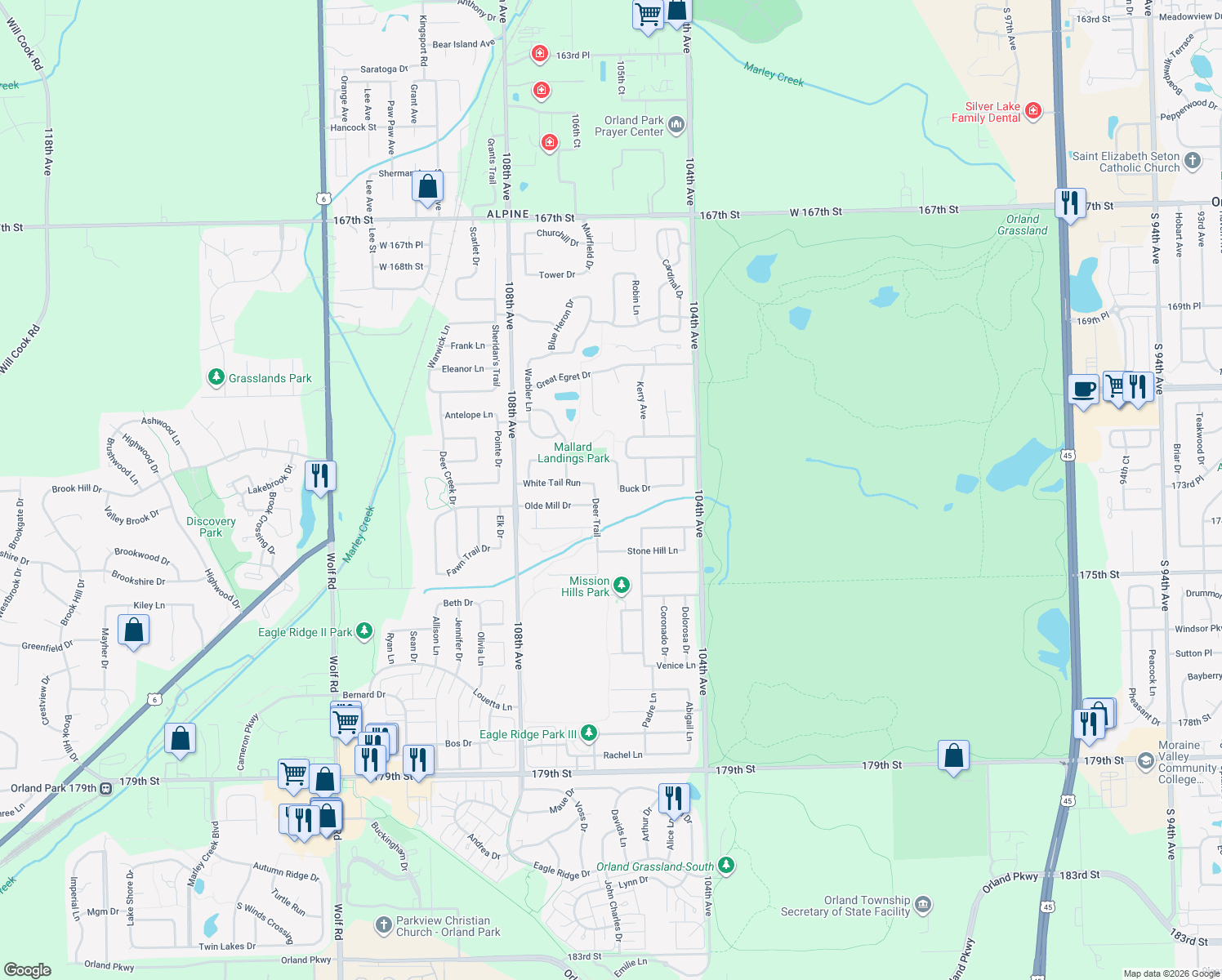 map of restaurants, bars, coffee shops, grocery stores, and more near 17304 Buck Drive in Orland Park