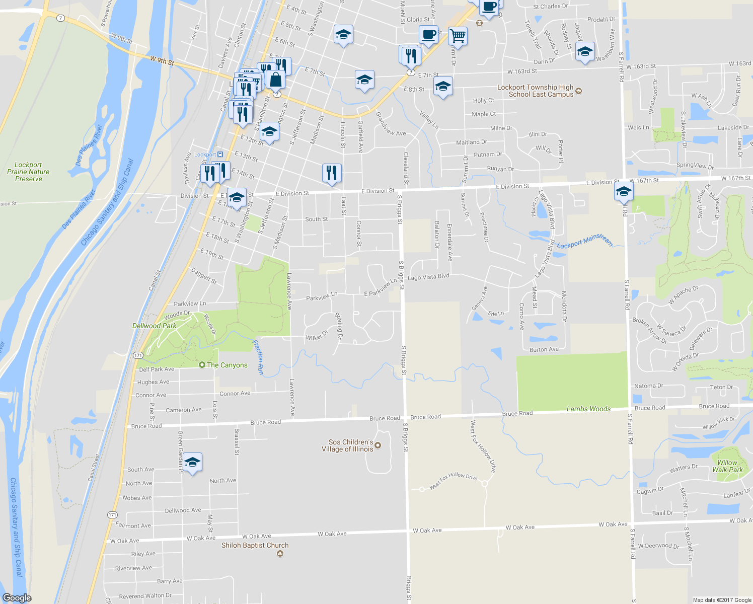 map of restaurants, bars, coffee shops, grocery stores, and more near 2109 Sequoia Court in Lockport