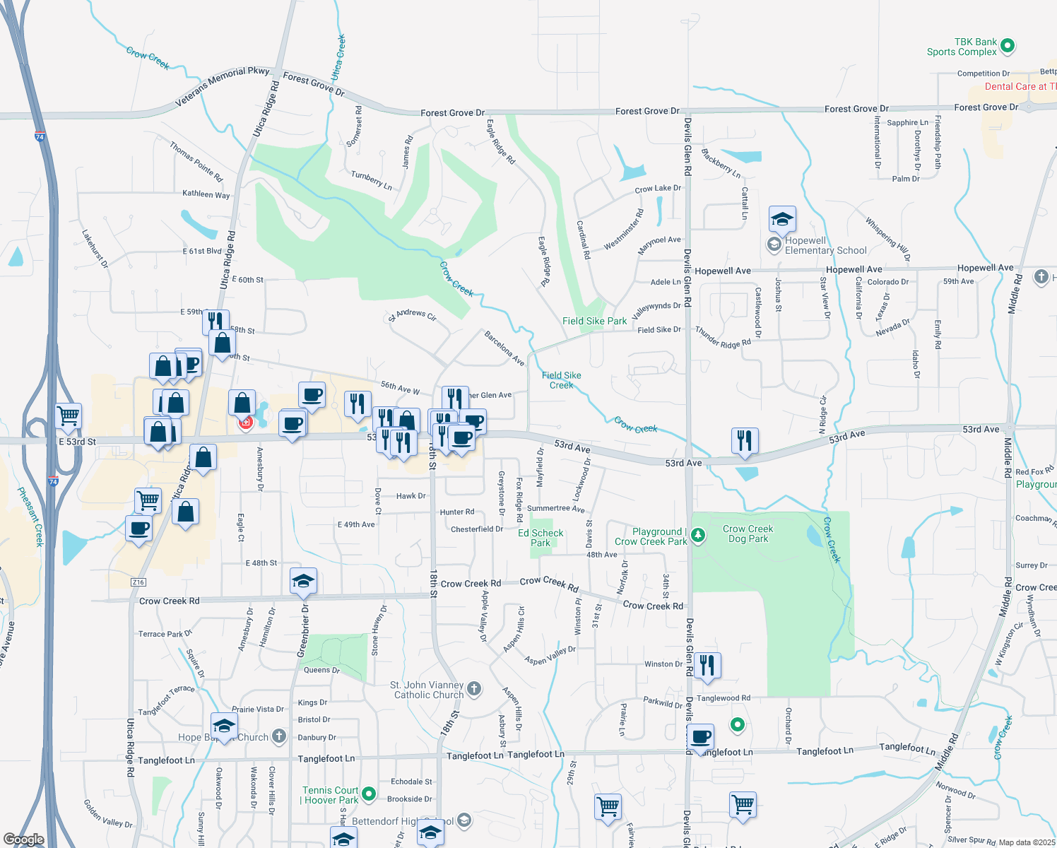map of restaurants, bars, coffee shops, grocery stores, and more near 5340 Barcelona St in Bettendorf