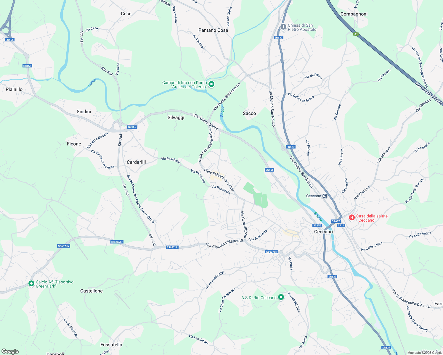 map of restaurants, bars, coffee shops, grocery stores, and more near 19/A Viale Fabrateria Vetus in Ceccano