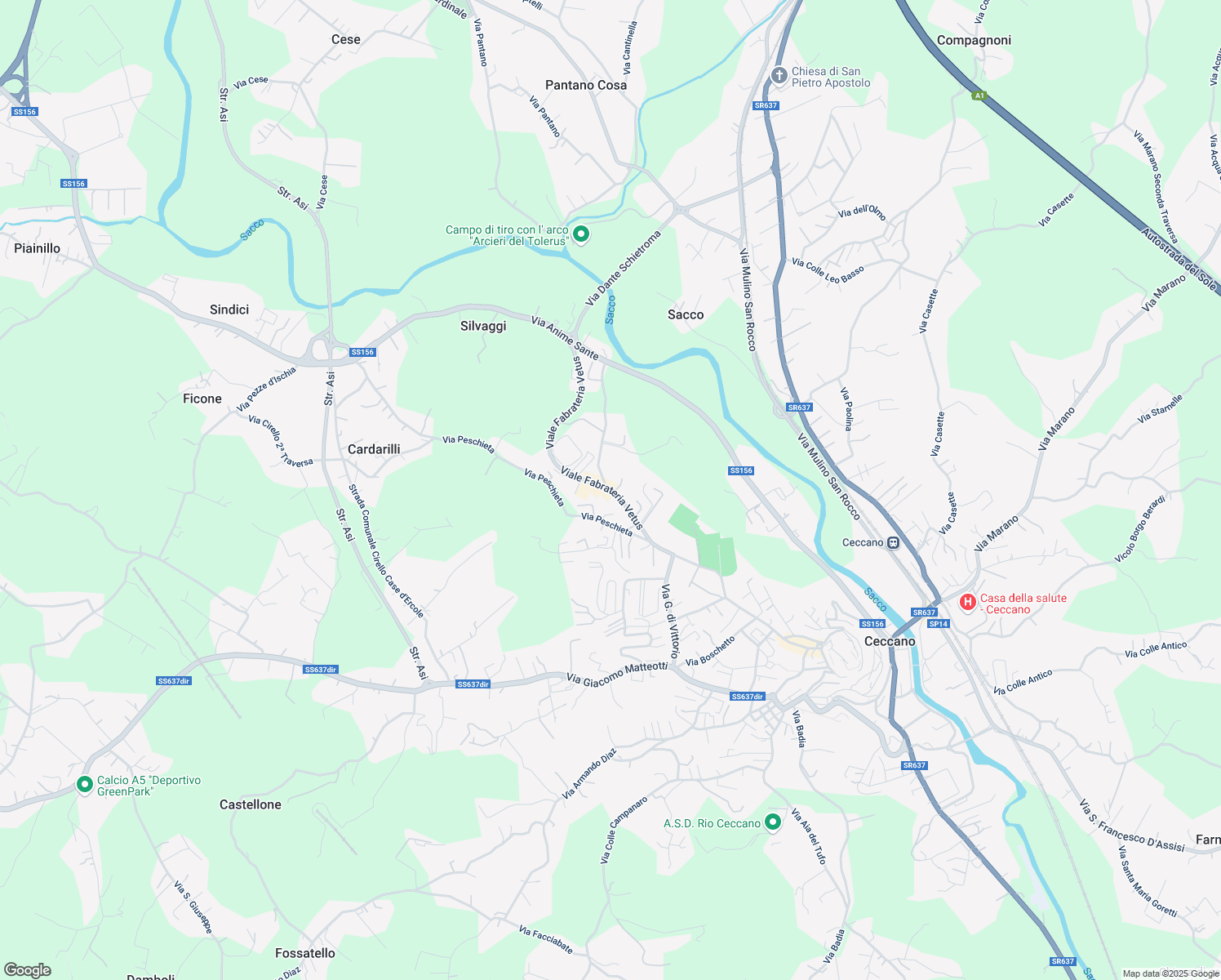 map of restaurants, bars, coffee shops, grocery stores, and more near 19/A Viale Fabrateria Vetus in Ceccano