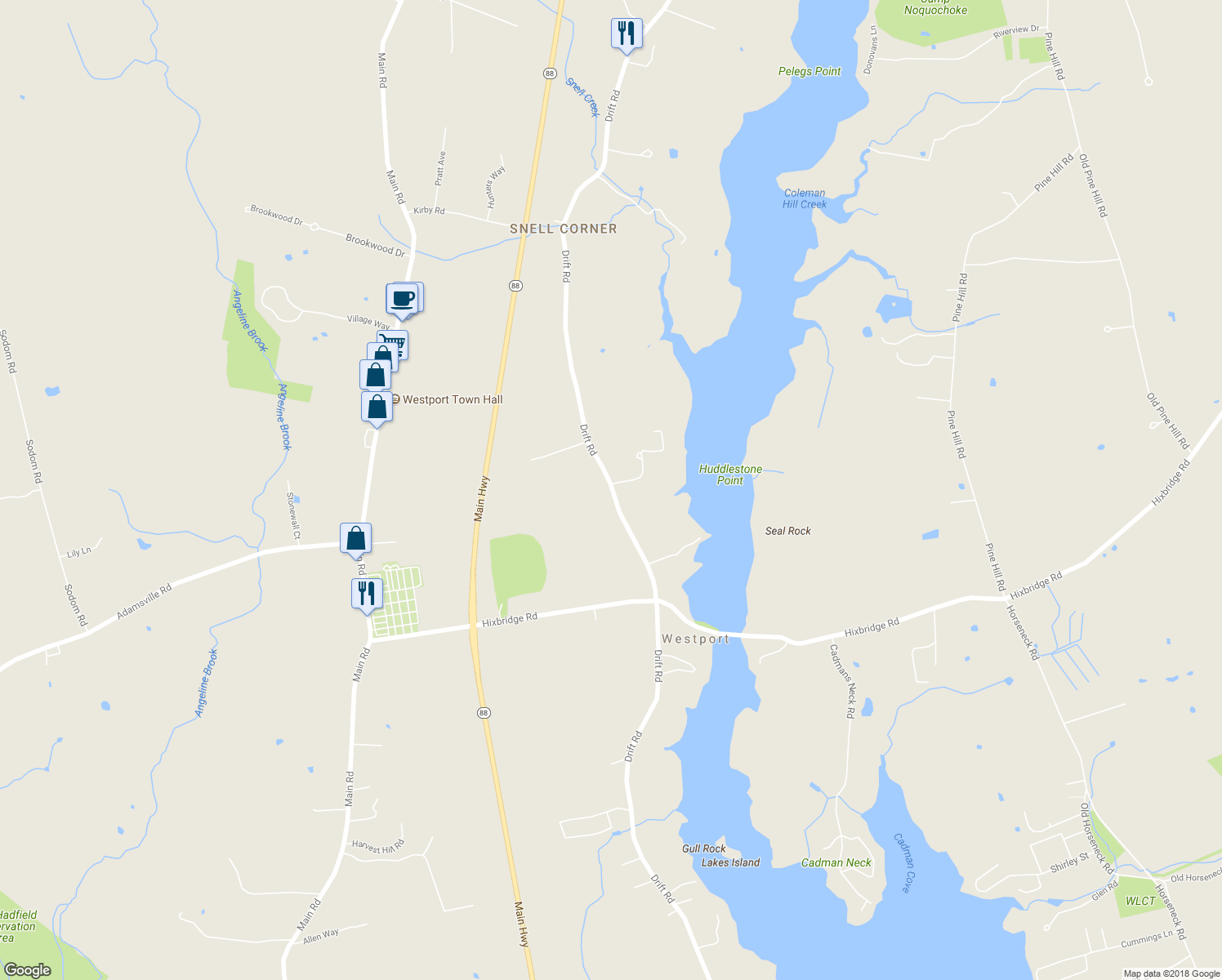 map of restaurants, bars, coffee shops, grocery stores, and more near 915 Drift Road in Westport