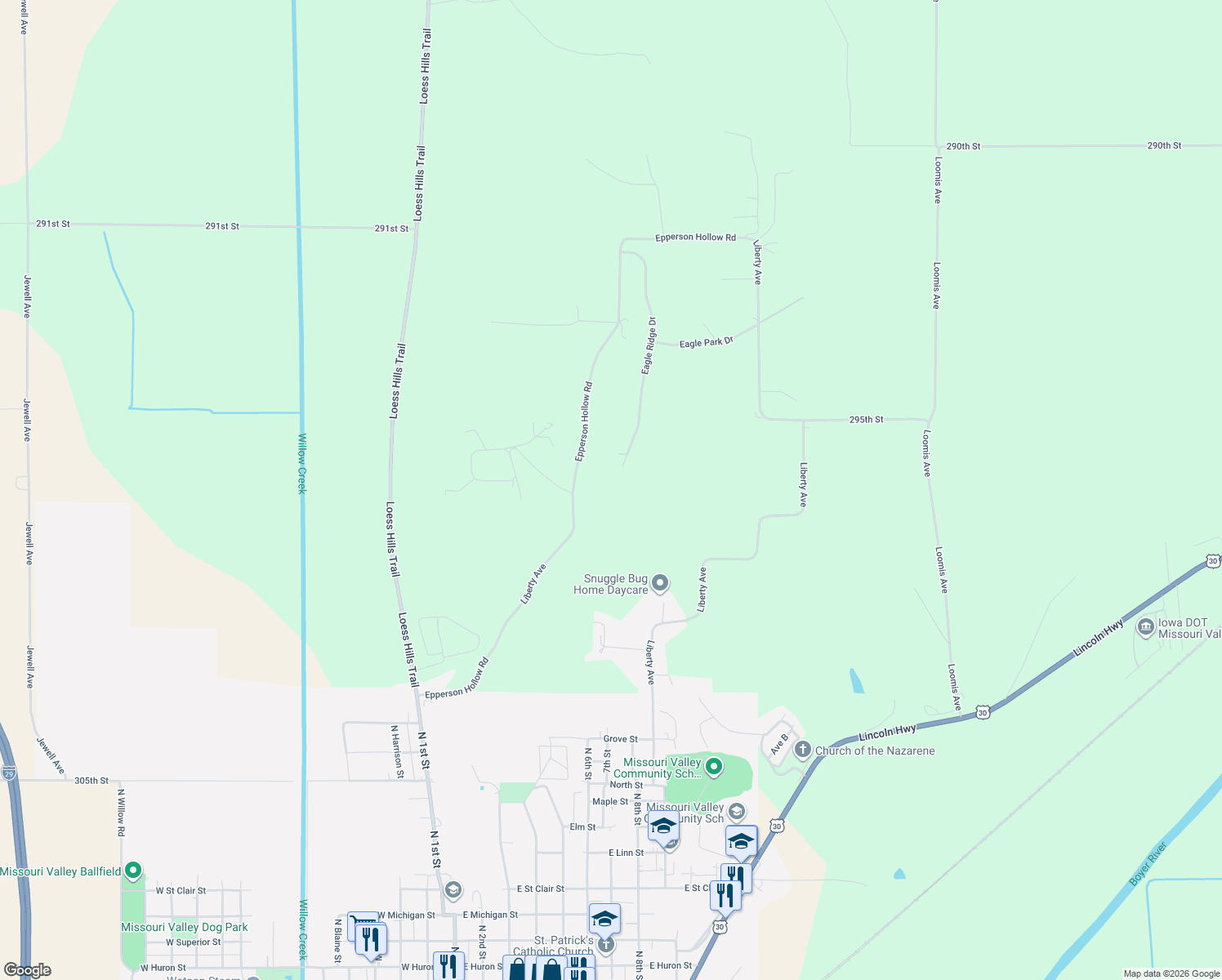 map of restaurants, bars, coffee shops, grocery stores, and more near 2967 Eagle Ridge Drive in Missouri Valley