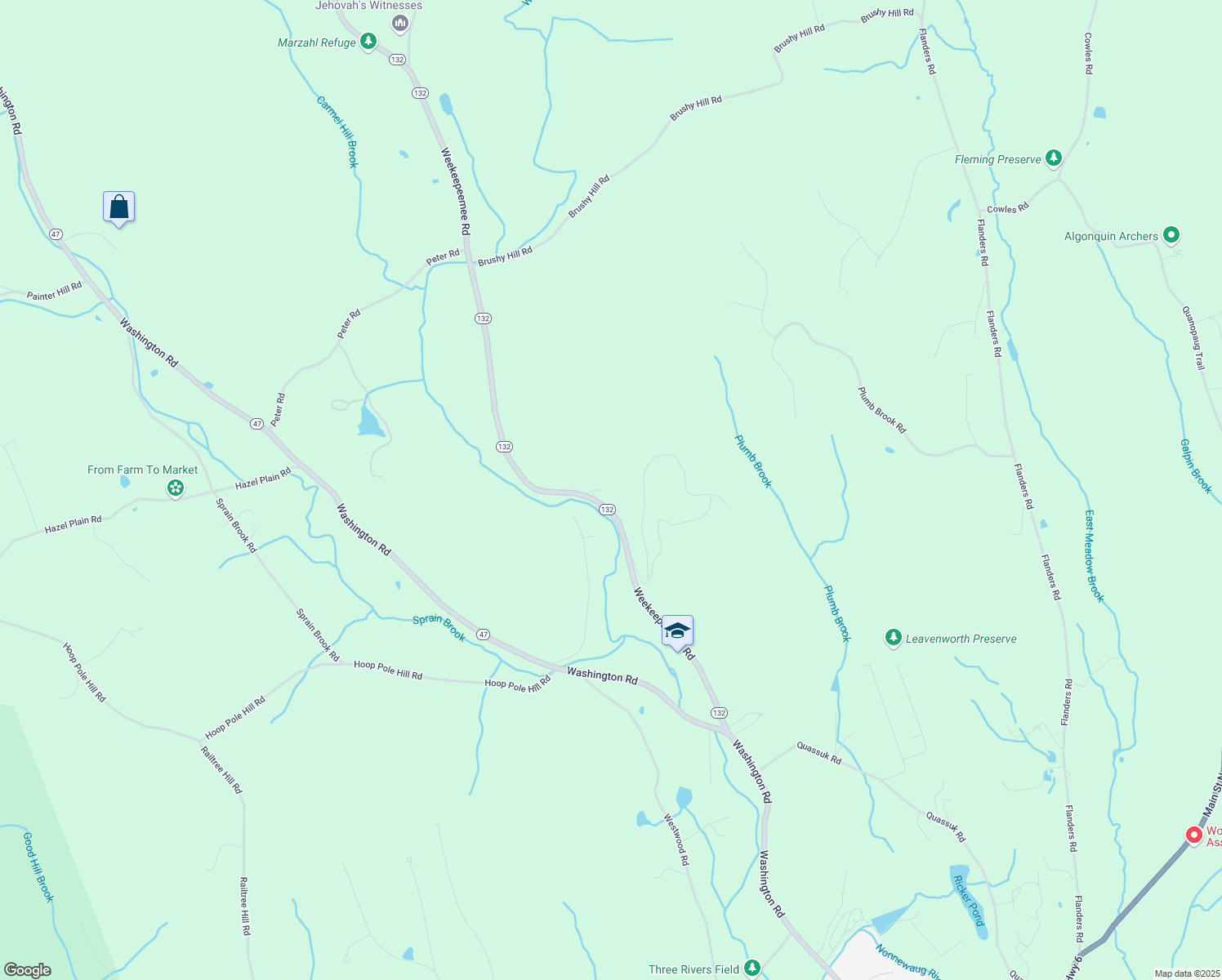 map of restaurants, bars, coffee shops, grocery stores, and more near 156 Weekeepeemee Road in Woodbury