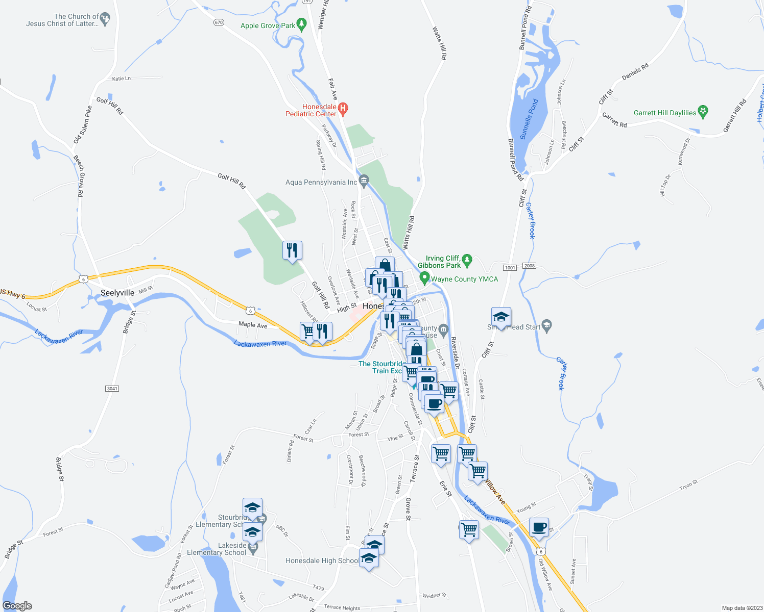 map of restaurants, bars, coffee shops, grocery stores, and more near in Honesdale