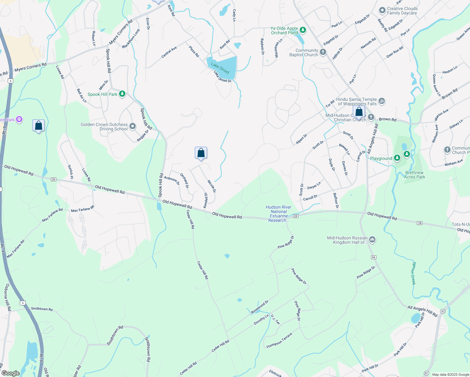 map of restaurants, bars, coffee shops, grocery stores, and more near 45 Kinsale Court in Wappingers Falls