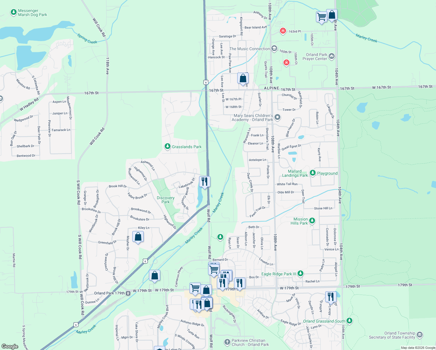 map of restaurants, bars, coffee shops, grocery stores, and more near 17193 Wolf Rd in Orland Park