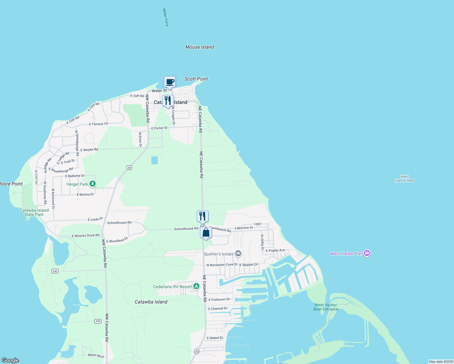 map of restaurants, bars, coffee shops, grocery stores, and more near Catawba Shores Mobile Home Park in Port Clinton
