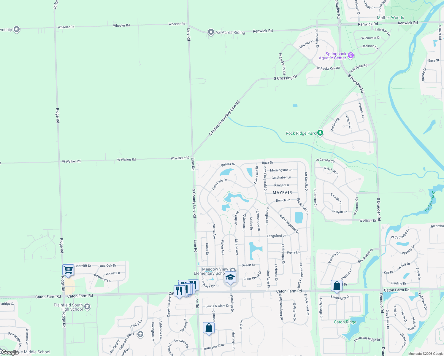 map of restaurants, bars, coffee shops, grocery stores, and more near 6907 Twin Falls Drive in Plainfield