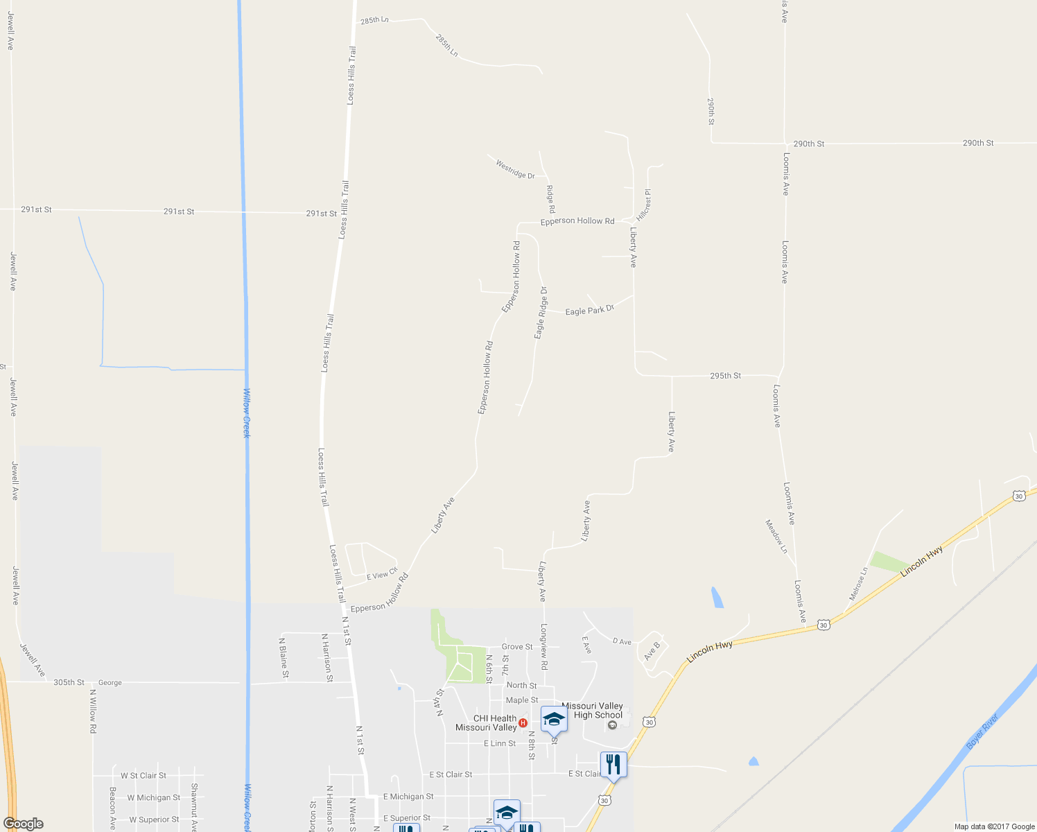 map of restaurants, bars, coffee shops, grocery stores, and more near 2967 Eagle Ridge Drive in Missouri Valley