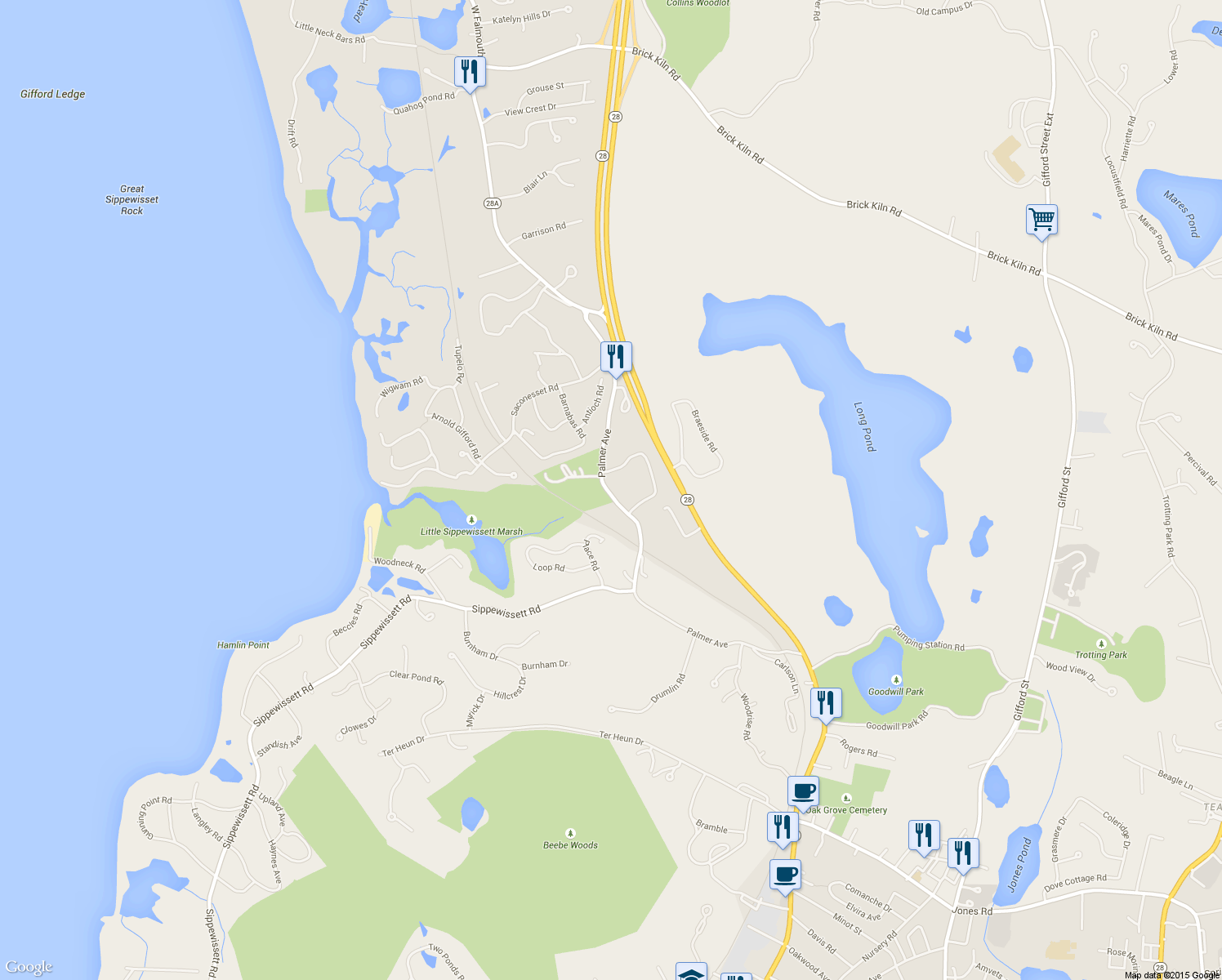 map of restaurants, bars, coffee shops, grocery stores, and more near 7 Cachalot Lane in Falmouth