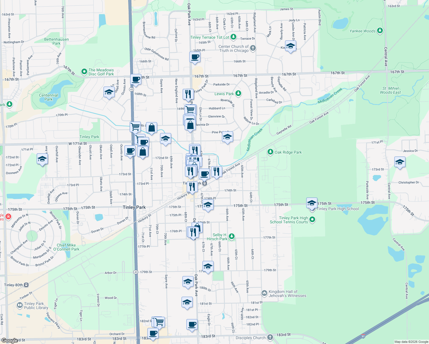 map of restaurants, bars, coffee shops, grocery stores, and more near 6647 173rd Street in Tinley Park