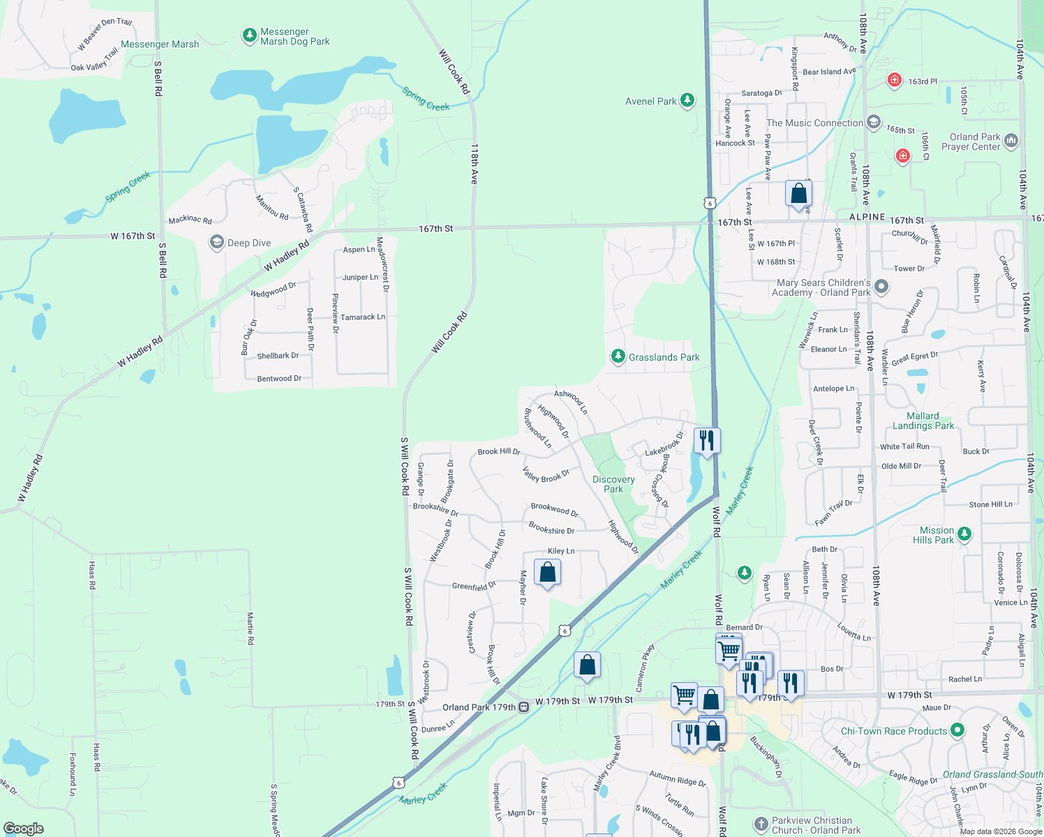 map of restaurants, bars, coffee shops, grocery stores, and more near 17188 Brushwood Lane in Orland Park