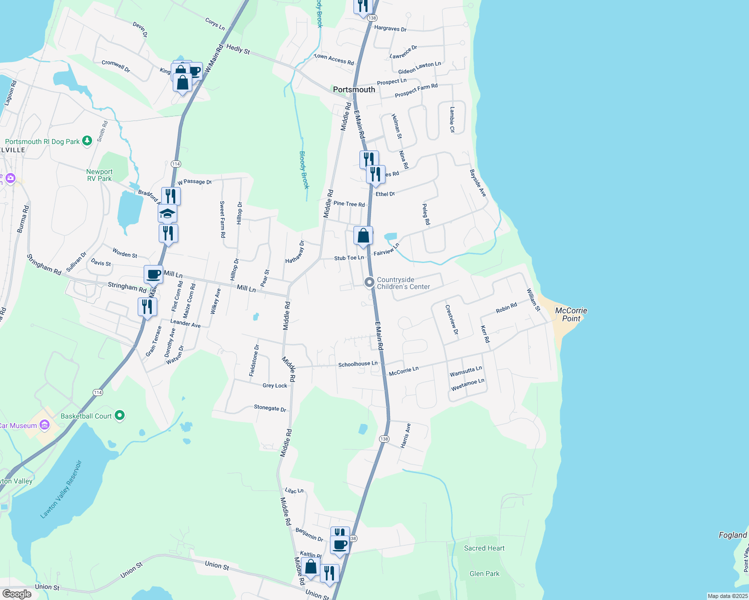 map of restaurants, bars, coffee shops, grocery stores, and more near 1678 E Main Rd in Portsmouth