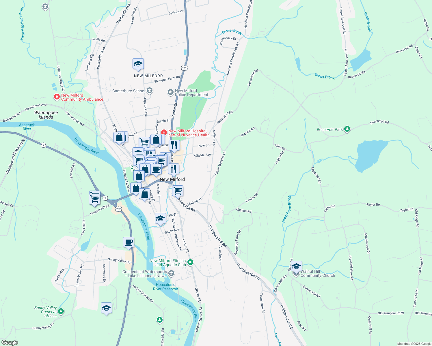 map of restaurants, bars, coffee shops, grocery stores, and more near 14 Upper Malletts Lane in New Milford