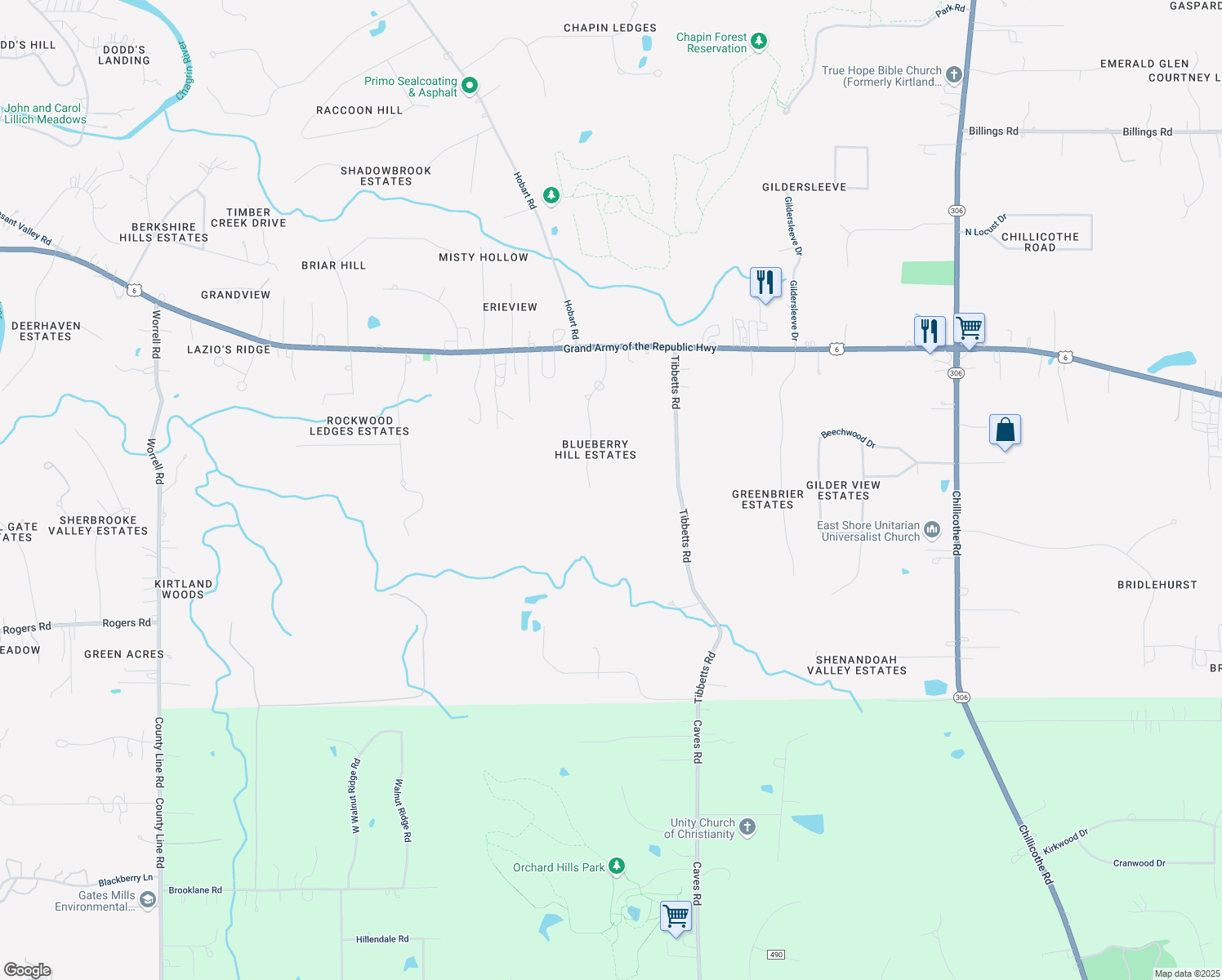 map of restaurants, bars, coffee shops, grocery stores, and more near 10761 Blueberry Hill Dr in Kirtland