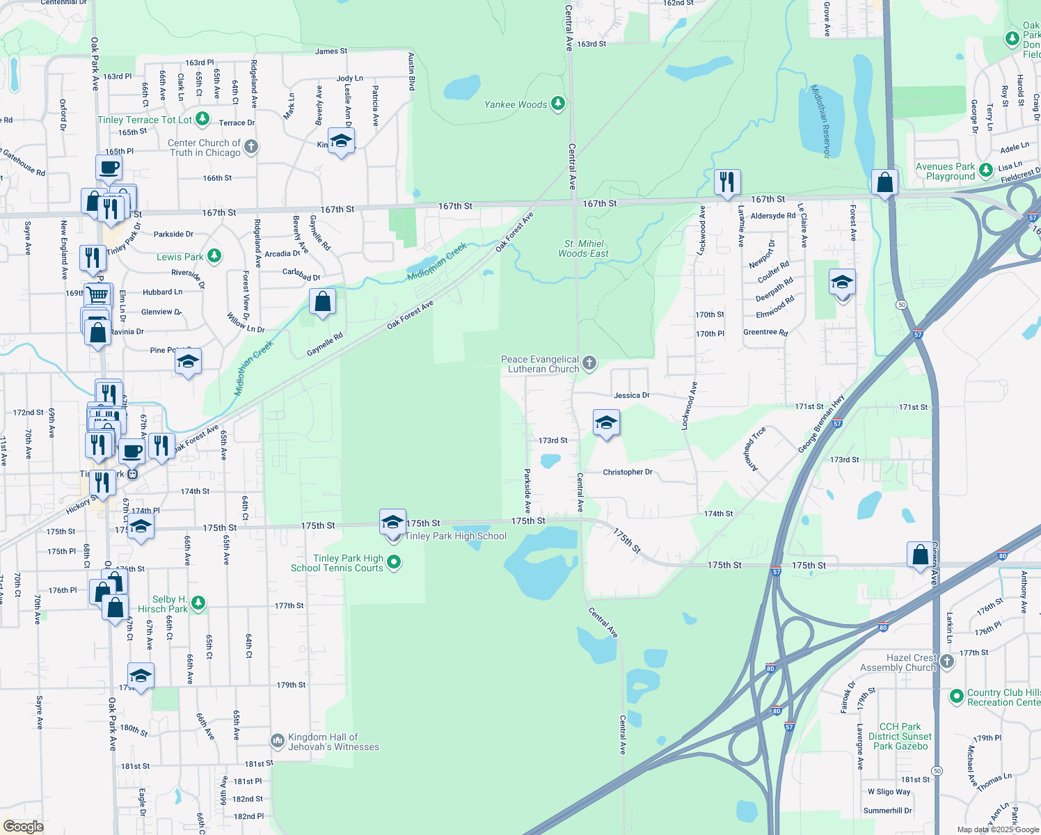 map of restaurants, bars, coffee shops, grocery stores, and more near 17230 Parkside Avenue in Tinley Park