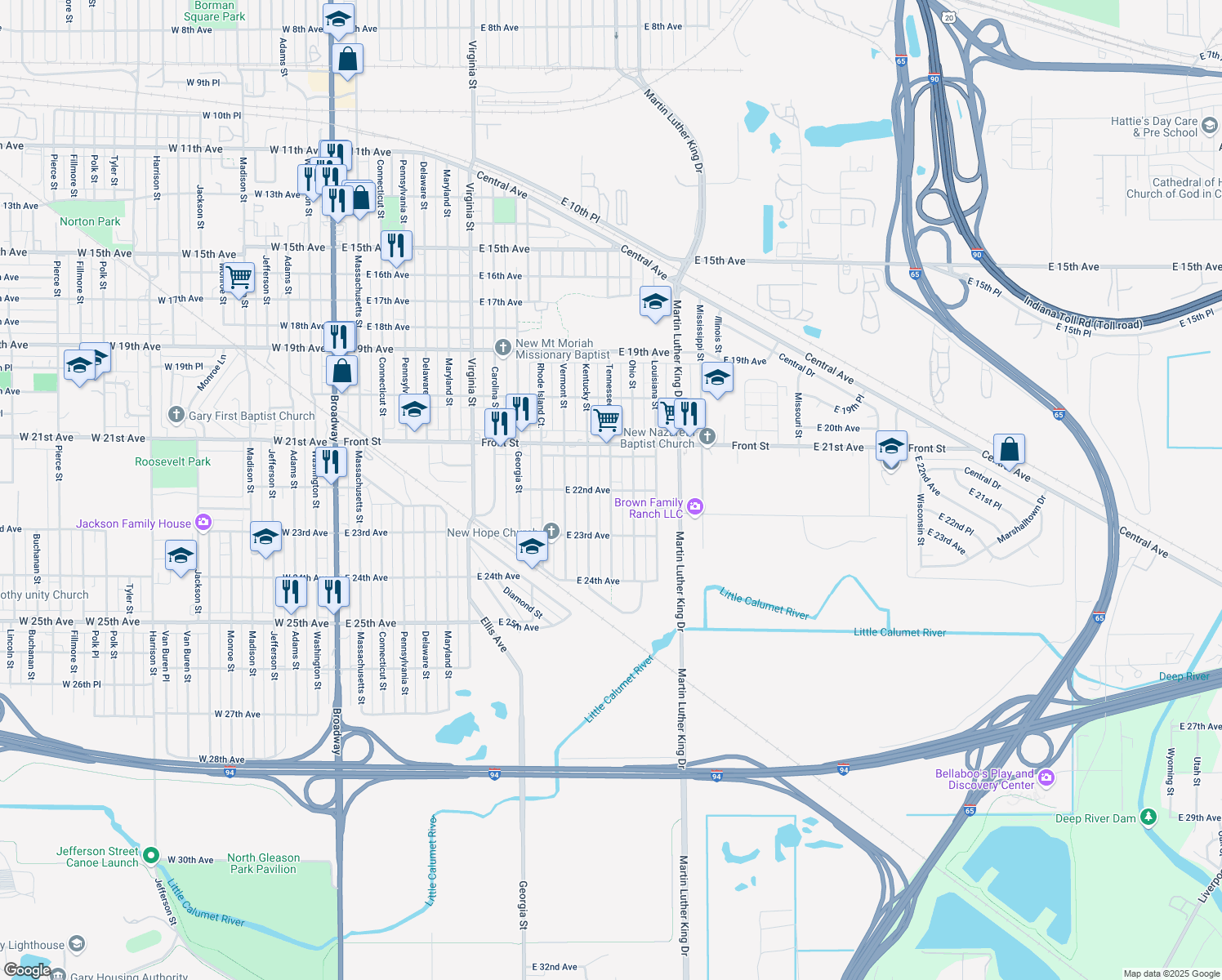 map of restaurants, bars, coffee shops, grocery stores, and more near 1198 East 22nd Avenue in Gary