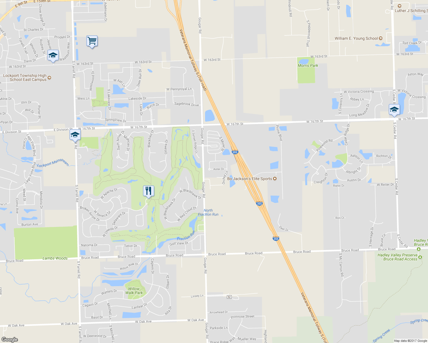 map of restaurants, bars, coffee shops, grocery stores, and more near 15931 Aster Drive in Lockport
