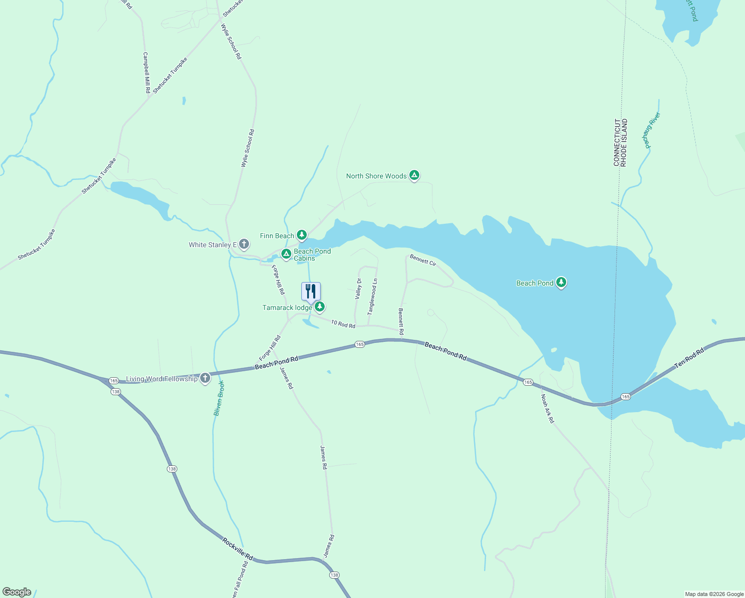map of restaurants, bars, coffee shops, grocery stores, and more near 22 Tanglewood Lane in Voluntown