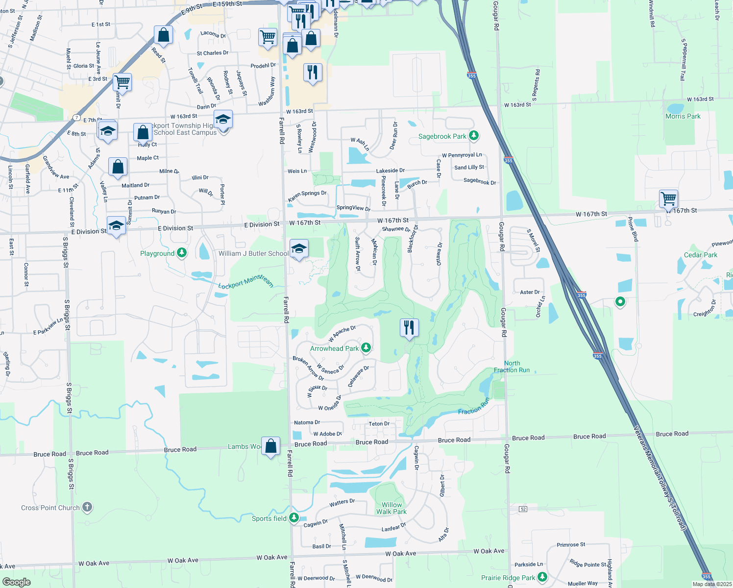 map of restaurants, bars, coffee shops, grocery stores, and more near 16935 Mohican Drive in Lockport