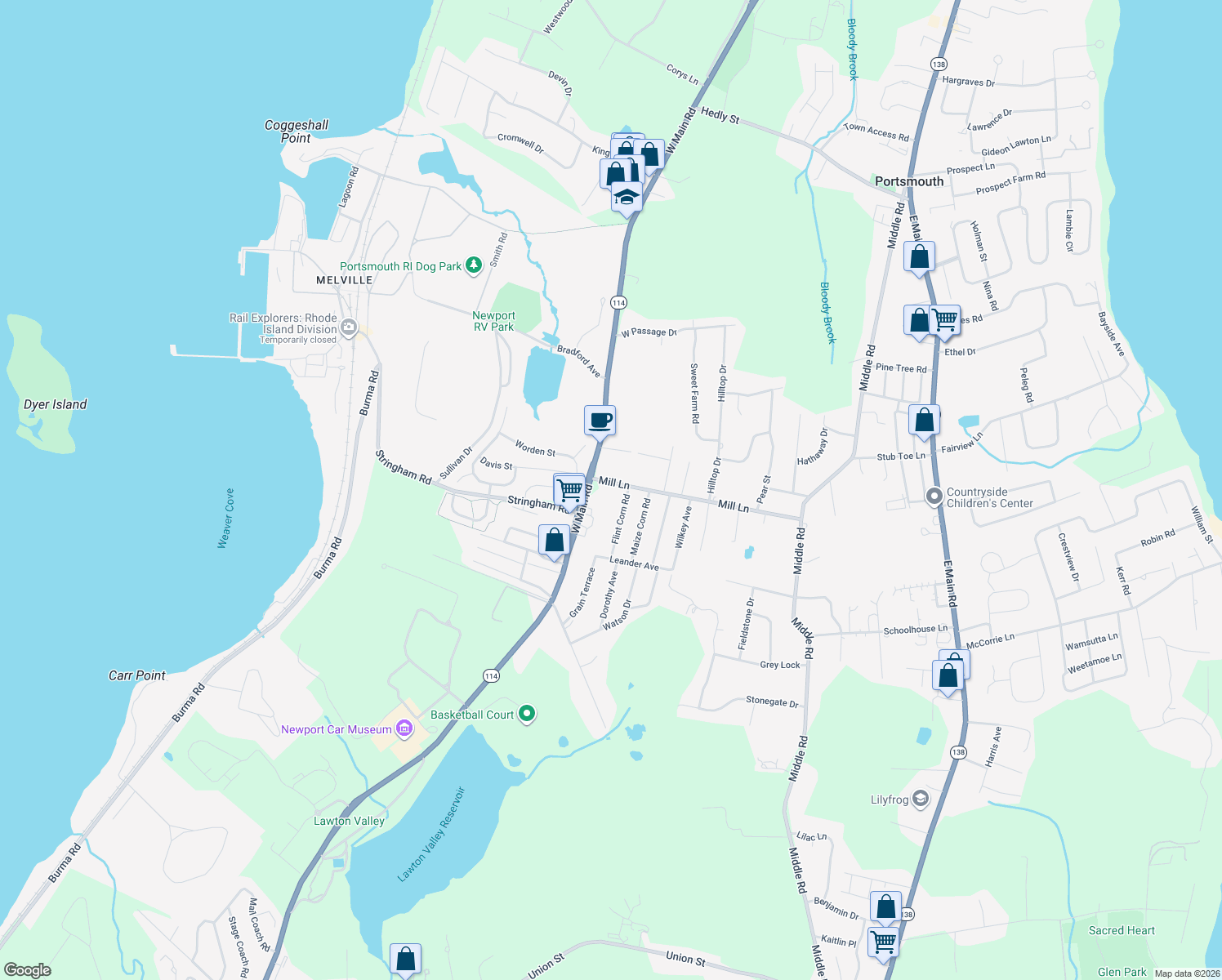 map of restaurants, bars, coffee shops, grocery stores, and more near 274 Mill Lane in Portsmouth
