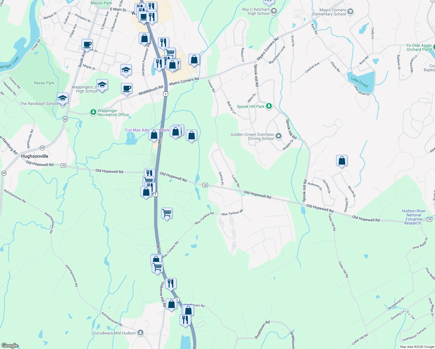 map of restaurants, bars, coffee shops, grocery stores, and more near 11 Sucich Place in Wappingers Falls