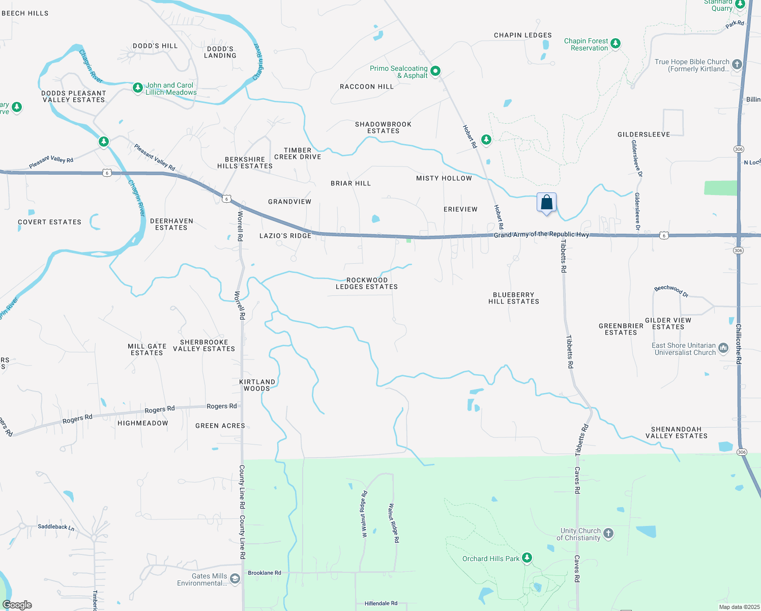 map of restaurants, bars, coffee shops, grocery stores, and more near 7380 Ledgewood Drive in Kirtland