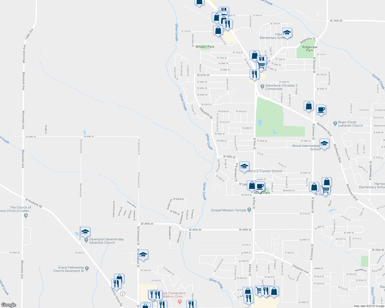map of restaurants, bars, coffee shops, grocery stores, and more near in Davenport