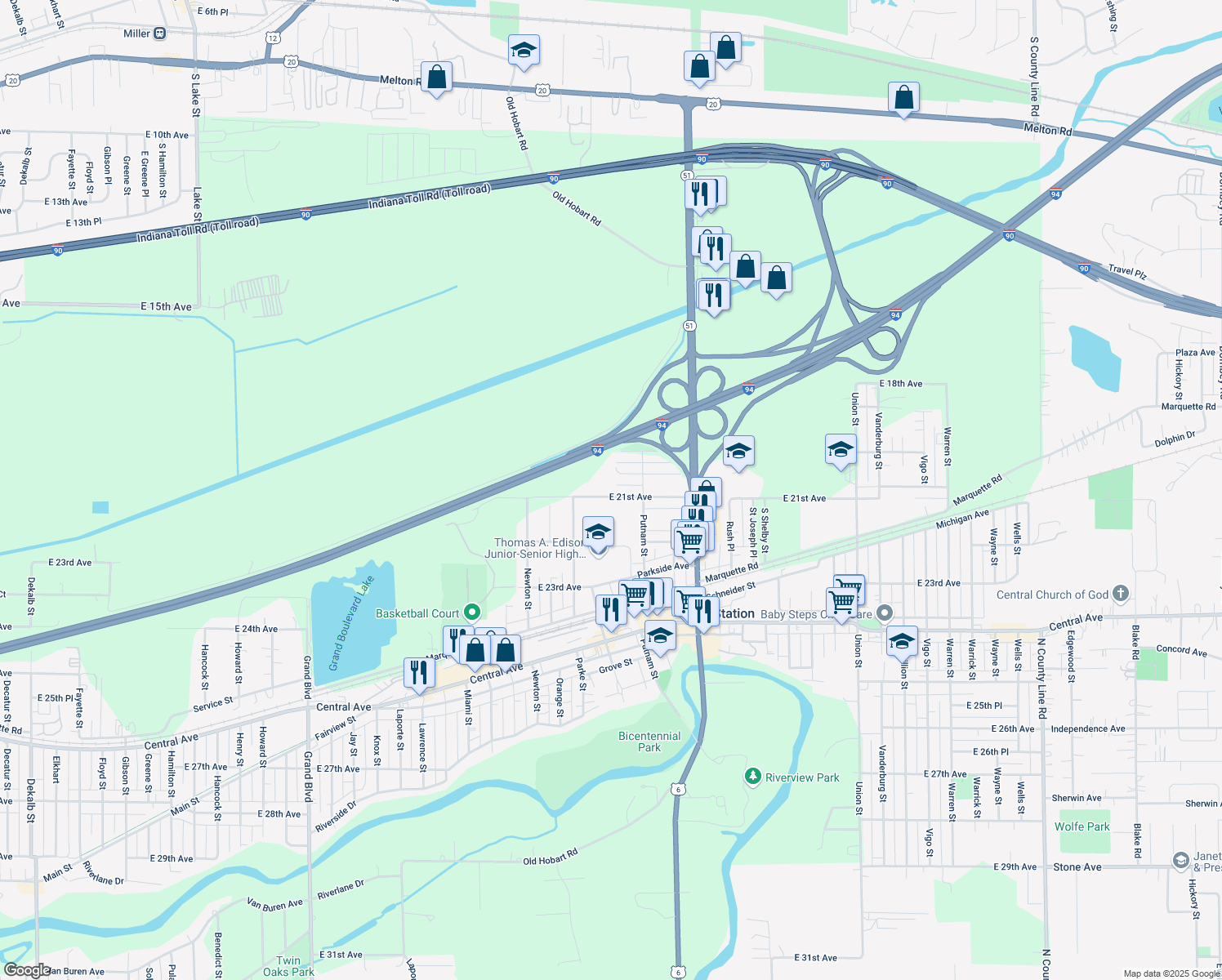 map of restaurants, bars, coffee shops, grocery stores, and more near 3264 E 21st Ave in Gary