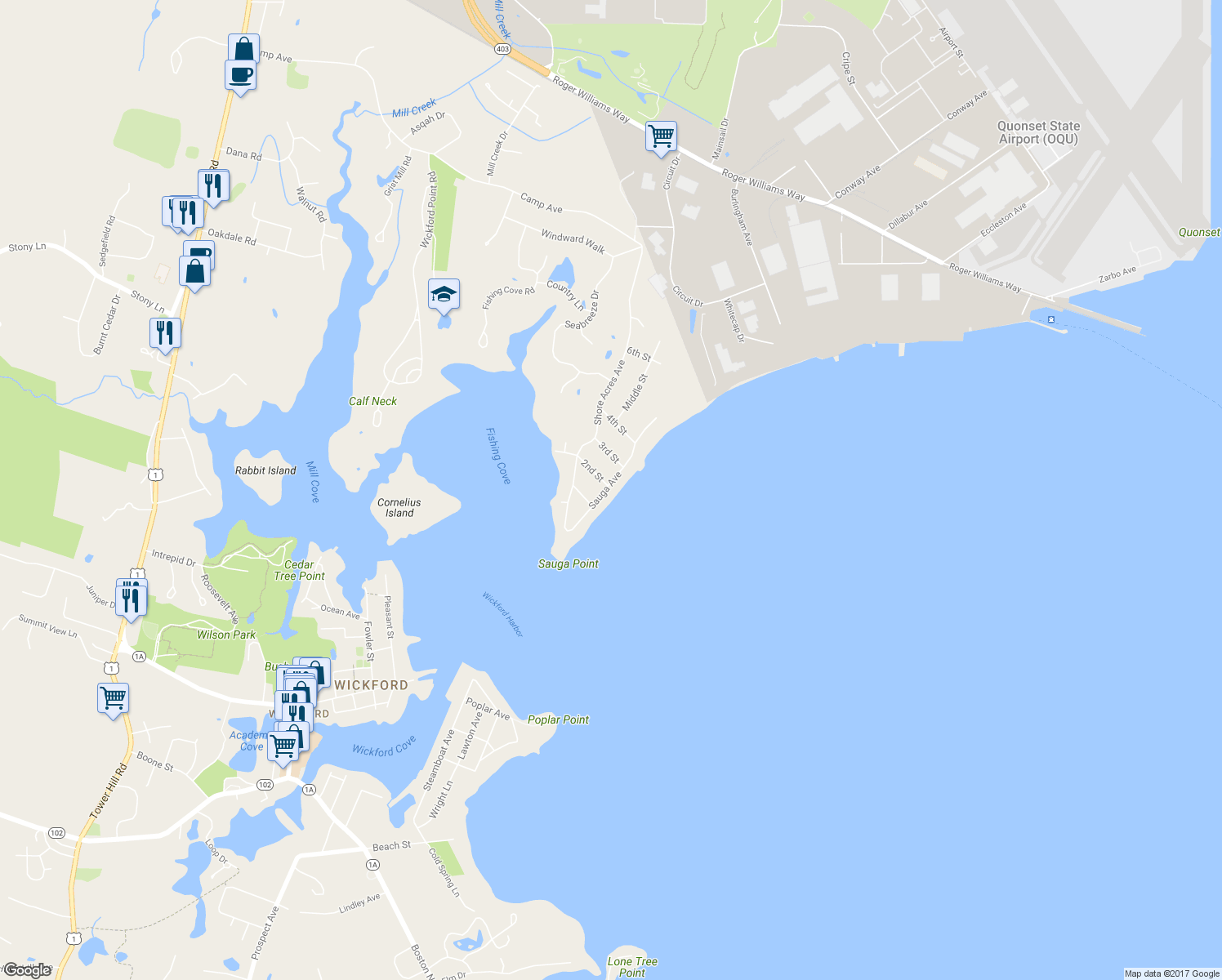 map of restaurants, bars, coffee shops, grocery stores, and more near 89 Sauga Avenue in North Kingstown