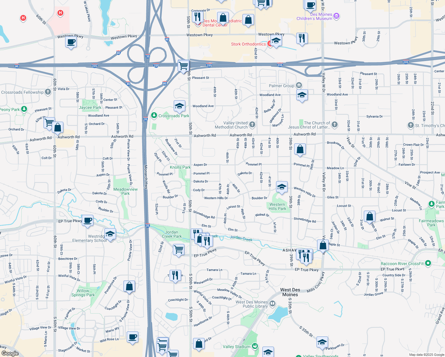 map of restaurants, bars, coffee shops, grocery stores, and more near 637 47th St in West Des Moines