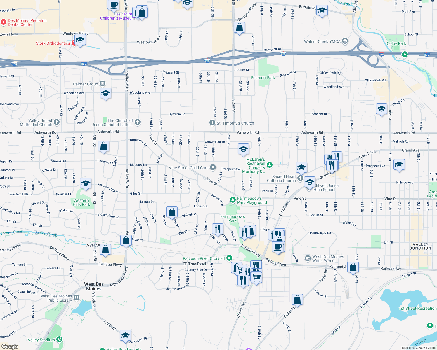 map of restaurants, bars, coffee shops, grocery stores, and more near 708 24th Street in West Des Moines